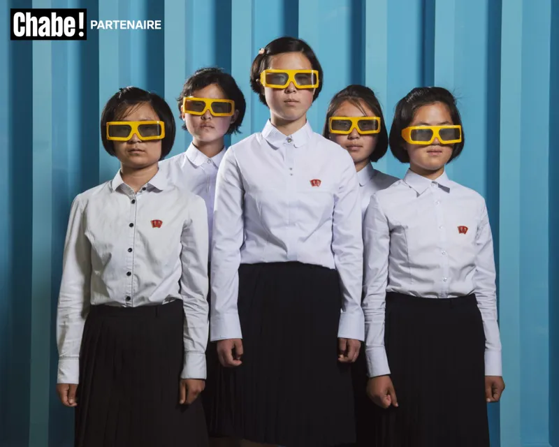 North Koreans Portraits North Korea PyongYang June 2018 Kim Yun Gyong, Han Sol Gyong, Kim Won Gyong, Kang Sun Hwa and Kong Su Hyang in the 3D movie theater at SCI Tech Complex.